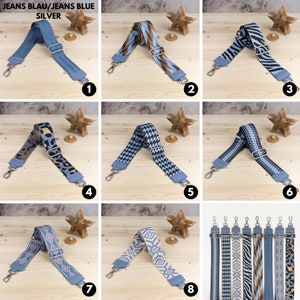 May include: Eight different patterned blue and white adjustable straps for bags. The straps are shown on a wooden surface with a star-shaped decoration.