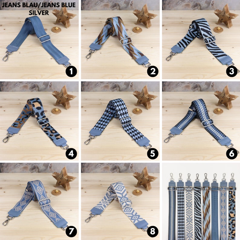May include: Eight different patterned blue and white adjustable straps for bags. The straps are shown on a wooden surface with a star-shaped decoration.