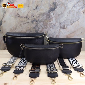 Umhängetasche mit Schwarz Gold Reißverschluss, Crossbody und Gürteltasche mit Gemusterten Riemen, Leder Gürteltasche, Bauchtasche mit Riemen