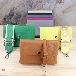 Leather Wallet with Patterned Strap for Women, Large Leather Ladies Wallet with Shoulder Strap, Purse in Different Colours with Snap Closure