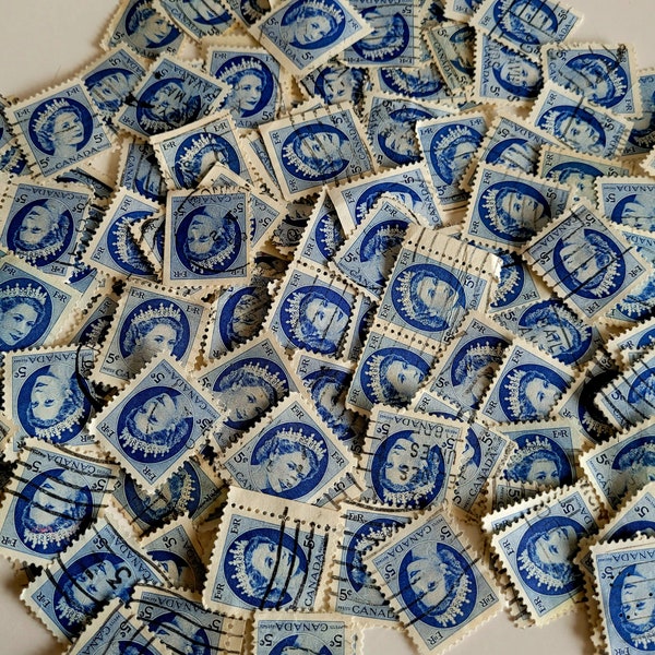 Vintage used Canadian Queen Elizabeth 1954 stamps. Bright blue in color. Off paper, cancelled. No longer in production. Lot of 50 stamps