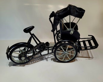 Vintage Japanese miniature 3 wheel  bicycle taxi. Handmade metal with spoke tires with retractable vinyl roof.