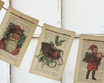 CHRISTMAS BANNER, Handmade Vintage Book Page Banner, Old Fashioned Santa Xmas Garland