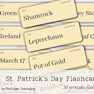 May include: A collection of St. Patrick's Day flashcards with words like "Shamrock," "Leprechaun," and "Pot of Gold." The cards are cream-colored with black text and numbers. The title "St. Patrick's Day Flashcards" is also visible.