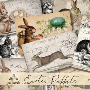 CONIGLI DI PASQUA Cartoline digitali da scaricare, pieghevoli per diari di spazzatura stampabili, effimeri pasquali vintage, download di tag pasquali, kit di Pasqua digitale