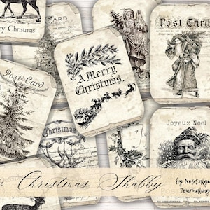 Weihnachts Tags, Weihnachten Shabby Digital Download, 12 druckbare Tags im Vintage-Stil für Junk Journals, Geschenkanhänger, Weihnachtsmann, Rentier, Postkarten