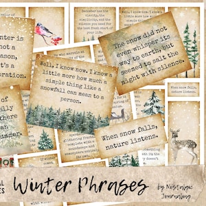 Palabras digitales con FRASES DE INVIERNO, 35 etiquetas imprimibles para diario basura, collages efímeros, copos de nieve, recortes con detalles, etiquetas de capas navideñas