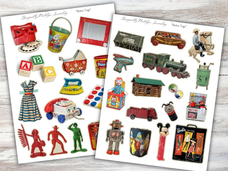 May include: Two sheets of vintage toy stickers. The sheets feature various retro toys, including a red View-Master, a toy train, a doll, a robot, and a Mickey Mouse Pez dispenser. The text "Retro Toys" and "Designed by Nostalgic Journaling" are visible.