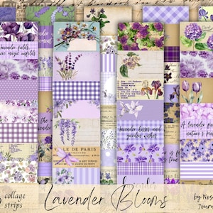 Lila Blume Schnipsel Digitaler Download, LAVENDEL BLÜTEN Vintage Lila Papierstreifen für Junk Journals, Vintage Collage Strips, Tags, Etiketten