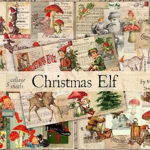 Puede incluir: Un collage de imágenes vintage con temática navideña, con elfos, Papá Noel, setas y partituras musicales. El texto "Christmas Elf" se muestra de forma destacada, junto con "collage 5 sheets" y "by Nostalgic Journaling."