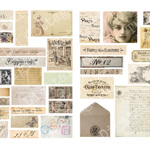 Puede incluir: Una colecci&oacute;n de ef&iacute;meras vintage con tem&aacute;tica parisina. Las ef&iacute;meras incluyen im&aacute;genes de la Torre Eiffel, una mujer con sombrero y un p&aacute;jaro. El texto incluye las palabras "l'amour", "Cappuccino", "Paris", "bon voyage", "No. 12", "Vintage", "Fabrique de Bijouterie", "Savon au Naphtol", "Cacao-Payraud", "Produit Sans Rival" y "Eau de Lavande".