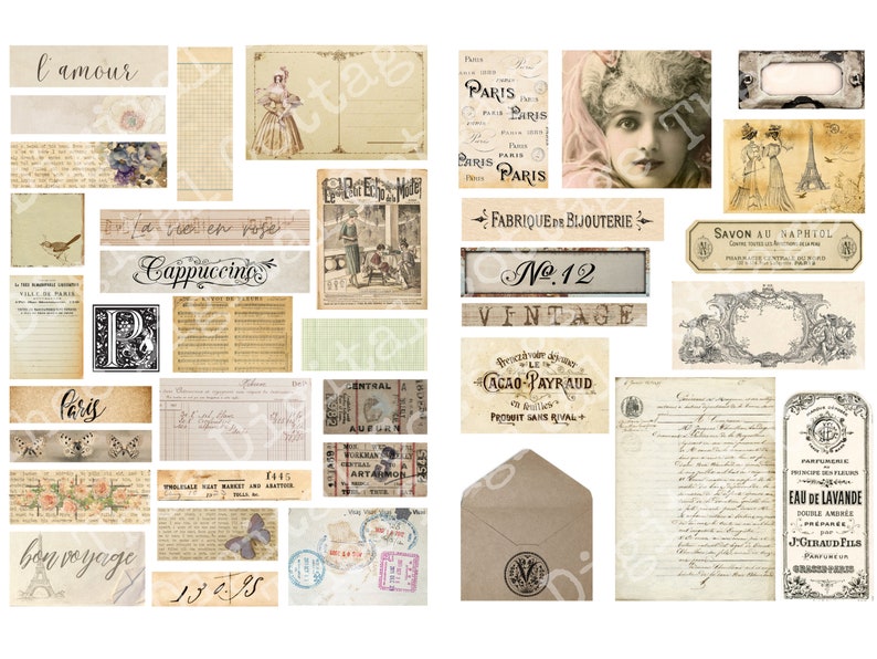 Puede incluir: Una colecci&oacute;n de ef&iacute;meras vintage con tem&aacute;tica parisina. Las ef&iacute;meras incluyen im&aacute;genes de la Torre Eiffel, una mujer con sombrero y un p&aacute;jaro. El texto incluye las palabras "l'amour", "Cappuccino", "Paris", "bon voyage", "No. 12", "Vintage", "Fabrique de Bijouterie", "Savon au Naphtol", "Cacao-Payraud", "Produit Sans Rival" y "Eau de Lavande".