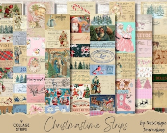 CHRISTMAS PAPER STRIPS Digital Download, Small Vintage Style Collage Strips For Junk Journals, Printable Christmas Snippets, Tags, Labels