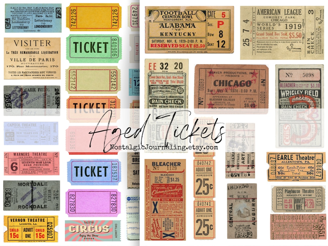 Vintage AGED TICKETS Digital Download, Ephemera Junk Journal Tags
