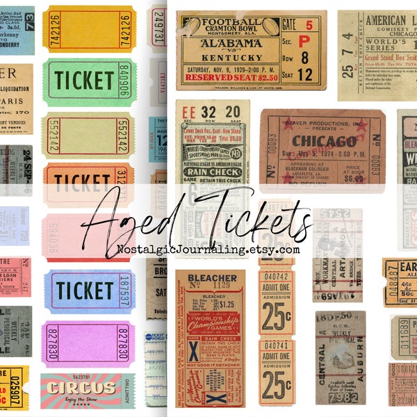 AGED TICKETS Digital Download, Vintage Ephemera Junk Journal Tags Labels, Journal Tucks, 35 Printable Tickets Sports Concerts Raffle Theater