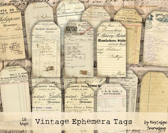 VINTAGE TAGS Digital Download, 18 Printable Vintage Receipt Invoice Style Tags for Junk Journals, Vintage French Ephemera Tags Journal Tucks