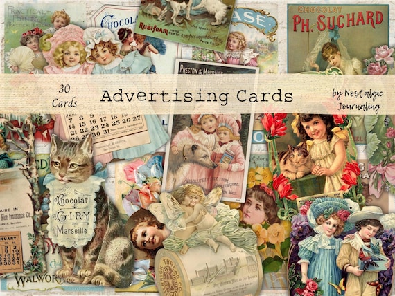 ADVERTISING CARDS Fussy Cuts Digital Download, Vintage Ads Printable Junk Journal Images, Vintage Promotional Ephemera, Calendars, 30 Cards