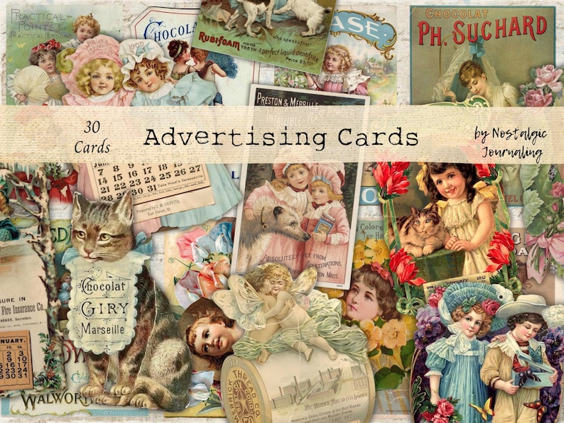 May include: A collage of vintage advertising cards with various illustrations. The cards feature images of children, animals, and advertisements for products like chocolate and soap. The text "Advertising Cards" is displayed prominently.
