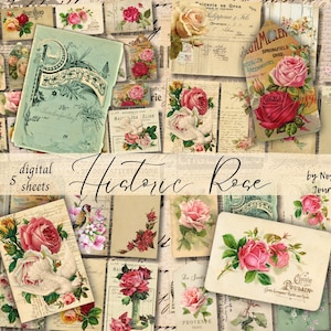 HISTORIC ROSE Tags Digital Download, Printable Snippets Kit For Junk Journals, French Rose Ephemera Tags, Labels, Journal Tucks, Old Roses