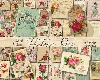 HISTORIC ROSE Tags Digital Download, Printable Snippets Kit For Junk Journals, French Rose Ephemera Tags, Labels, Journal Tucks, Old Roses