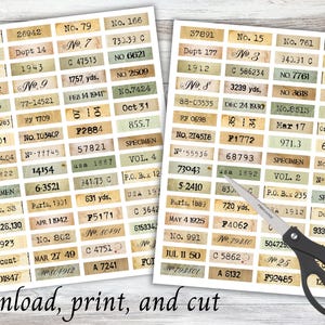 May include: A sheet of vintage-style labels with numbers, text, and dates. The labels are printed on a textured paper with a brown and green colour scheme. The labels are perfect for scrapbooking, journaling, or adding a vintage touch to your crafts.