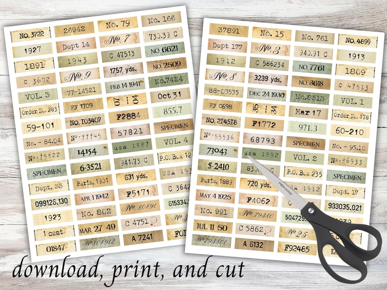 May include: A sheet of vintage-style labels with numbers, text, and dates. The labels are printed on a textured paper with a brown and green colour scheme. The labels are perfect for scrapbooking, journaling, or adding a vintage touch to your crafts.