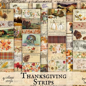 Thanksgiving-fragmenten digitale download, vintage afdrukbare bedankstrips voor ongewenste tijdschriften, vintage herfstcollagestroken, tags, labels