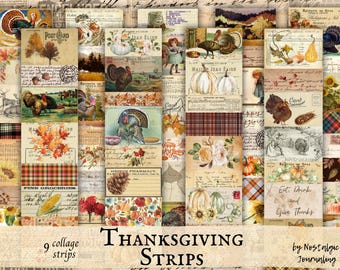 Téléchargement numérique d'extraits de Thanksgiving, bandelettes d'action de grâces imprimables vintage pour journaux indésirables, bandes de collage automne vintage, étiquettes, étiquettes