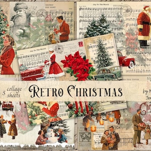 Può includere: Un collage di immagini natalizie vintage. Le immagini includono Babbo Natale, alberi di Natale, persone e automobili. Il testo "Retro Christmas" è visualizzato in un carattere decorativo, insieme al testo "collage 5 sheets".