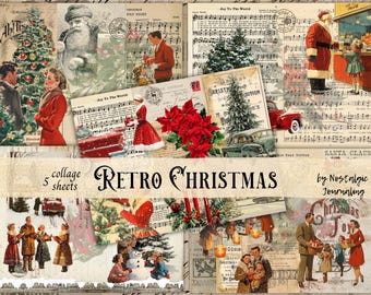 Coleção de papéis digitais para download de Natal retrô para diários de lixo, 5 páginas de folhas de colagem vintage para impressão, imagens de feriados dos anos 1950