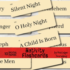 NATIVITY FLASHCARDS Digital Download, 12 Large Vintage Inspired Word Flashcards Both Manilla & Ink Saver, Farmhouse Printable Christmas