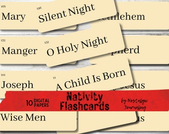 NATIVITY FLASHCARDS Descarga digital, 12 grandes tarjetas flash de palabras de inspiración vintage tanto Manilla como Ink Saver, Navidad imprimible en granja