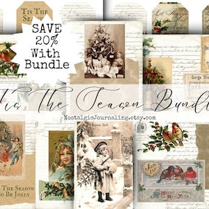 TIS THE SEASON Digital Bundle Download, 10 Pages Printable Victorian Christmas Collage Paper and Tags For Junk Journals, Vintage Xmas Kit