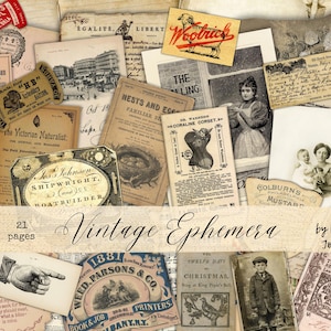 May include: A collage of vintage ephemera, such as old adverts, postcards, and illustrations. The image shows various aged papers with text and images, including a "Woolrich" label and a "Travelers Hotel" ticket. The words "Vintage Ephemera" are displayed.