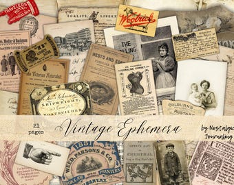 May include: A collection of vintage ephemera, including old advertisements, postcards, and illustrations. The image features a variety of aged papers with text and images, including a "Woolrich" label and a "Travelers Hotel" ticket. The words "Vintage Ephemera" are displayed.