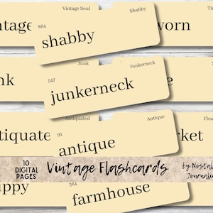 VINTAGE FLASHCARDS Digitale download, grote vintage geïnspireerde woordflashcards Manilla & Ink Saver, Farmhouse, Junk, Chippy, Salvage, Junque