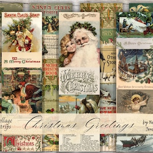 May include: A collage of vintage Christmas images with a variety of themes, including Santa Claus, toys, and winter scenes. The collage is made up of 12 strips and includes the text "Christmas Greetings" and "Nostalgic Journaling".