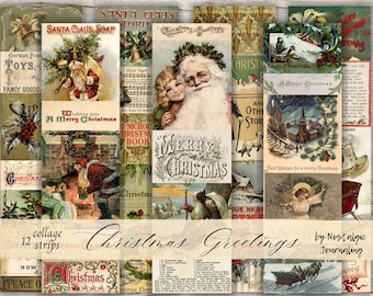 CHRISTMAS GREETINGS Collage Strips Digital Download, 12 Vintage Style Collage Strips For Junk Journals, Printable Snippets, Tags, and Labels