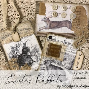 Printable EASTER RABBIT Postcards, Vintage Ephemera Digital Download for Junk Journals, 13 Vintage Style Cards