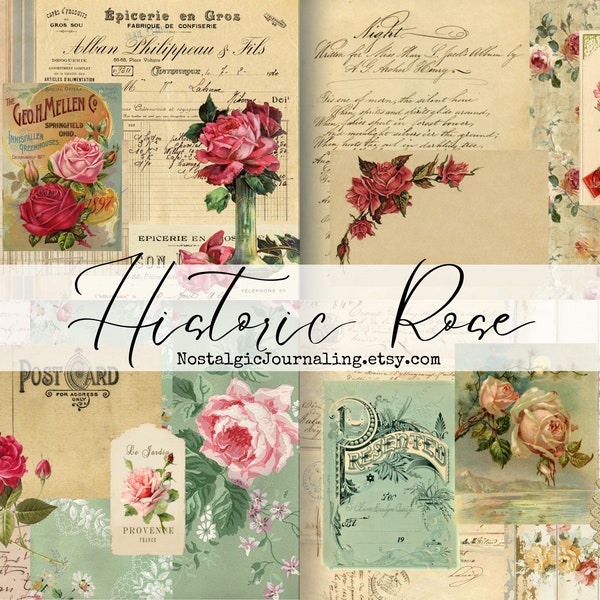 HISTORIC ROSE Digital Ephemera Download, French Rose Paper Collection, Printable Flower Papers For Junk Journals, Old Roses, Digital Kit