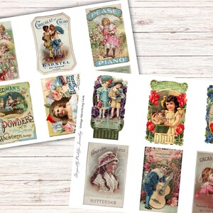 May include: A collection of vintage advertising cards featuring colorful illustrations and text. The cards showcase various products, including chocolate, powders, flower seeds, and piano. The designs include children, flowers, and product branding.