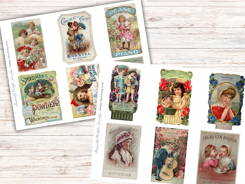 May include: A collection of vintage advertising cards featuring colorful illustrations and text. The cards showcase various products, including chocolate, powders, flower seeds, and piano. The designs include children, flowers, and product branding.