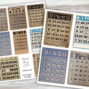 Puede incluir: Un conjunto de tarjetas de bingo vintage con diferentes dise&ntilde;os y n&uacute;meros. Las tarjetas est&aacute;n impresas en papel blanco con un aspecto desgastado. Las tarjetas son perfectas para una noche de juegos o una fiesta.