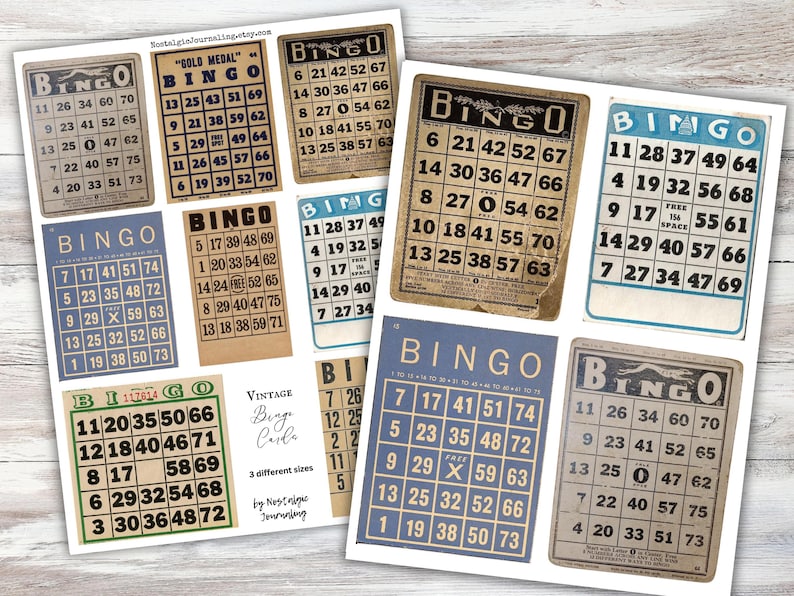Puede incluir: Un conjunto de tarjetas de bingo vintage con diferentes dise&ntilde;os y n&uacute;meros. Las tarjetas est&aacute;n impresas en papel blanco con un aspecto desgastado. Las tarjetas son perfectas para una noche de juegos o una fiesta.