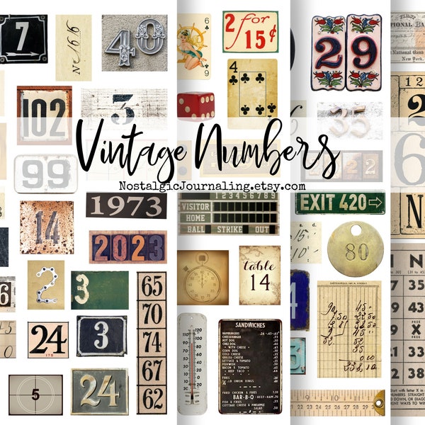 VINTAGE NUMBERS Digital Ephemera Junk Journal Download, Printable Antique Numbers Kit, Bingo Card, Playing Card, Signs, Receipts, Old Tags