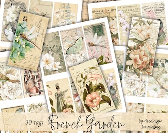 FRENCH GARDEN Tags Digital Download, Flower Collage Ephemera Printable Junk Journal Kit, Vintage Printable Tags, Tucks, Collage Layering