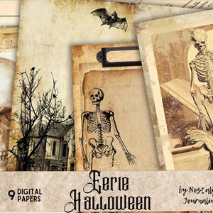 Halloween Junk Journal Kit, EERIE HALLOWEEN Digital Instant Download, 9 Pgs of Printable Spooky Half Pages, Tags, Pockets, and Word Labels