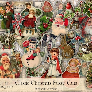 クラシッククリスマス ファジーカット、デジタルダウンロードキット、ジャンクジャーナル用ヴィンテージ冬画像、印刷可能なスニペット、クリスマスのエフェメラ、サンタクロース、キリスト降誕
