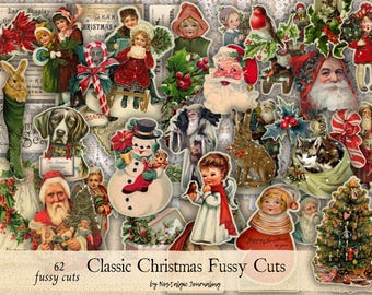 Puede incluir: Una colección de 62 recortes navideños de estilo vintage. Las imágenes incluyen a Papá Noel, niños, ángeles, animales y árboles de Navidad. La paleta de colores presenta rojos, verdes y blancos, con una estética nostálgica. El texto de la imagen dice "Classic Christmas Fussy Cuts".