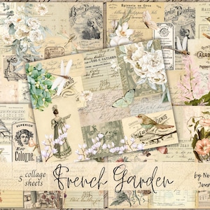 FRANZÖSISCHER GARTEN Digitaler Download, Junk Journal Papier Collage Sammlung, Vintage französische Ephemera, bedruckbares Papier Digital Kit, Blumen Vögel